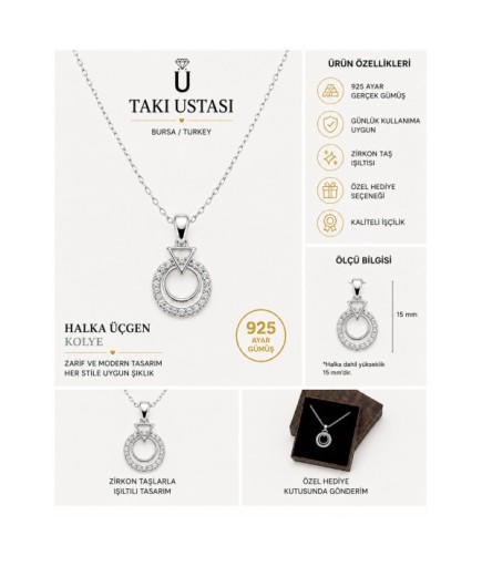 Zirkon Taşlı Geometrik Çift Halka Kolye – 925 Ayar Orjinal Gümüş