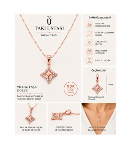 Zirkon Taşlı Geometrik Yıldız Kolye – 925 Ayar Gümüş, 14 Ayar Pembe Altın Kaplama