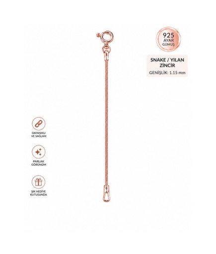 925 Ayar Gümüş Yılan Zincir Uzatma Zinciri – 1,15 mm Snake Zincir 14 Ayar Pembe Altın Kaplama