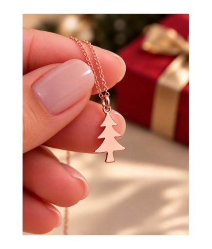 Minimal Çam Noel Ağacı Figürlü Kolye 925 Ayar Gümüş 14 Ayar Rose Altın Kaplama